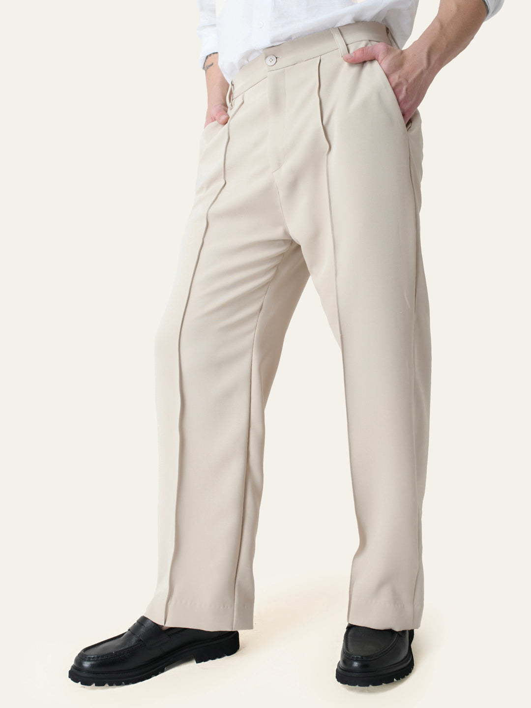 Cream Solid Pintuck Korean Pants