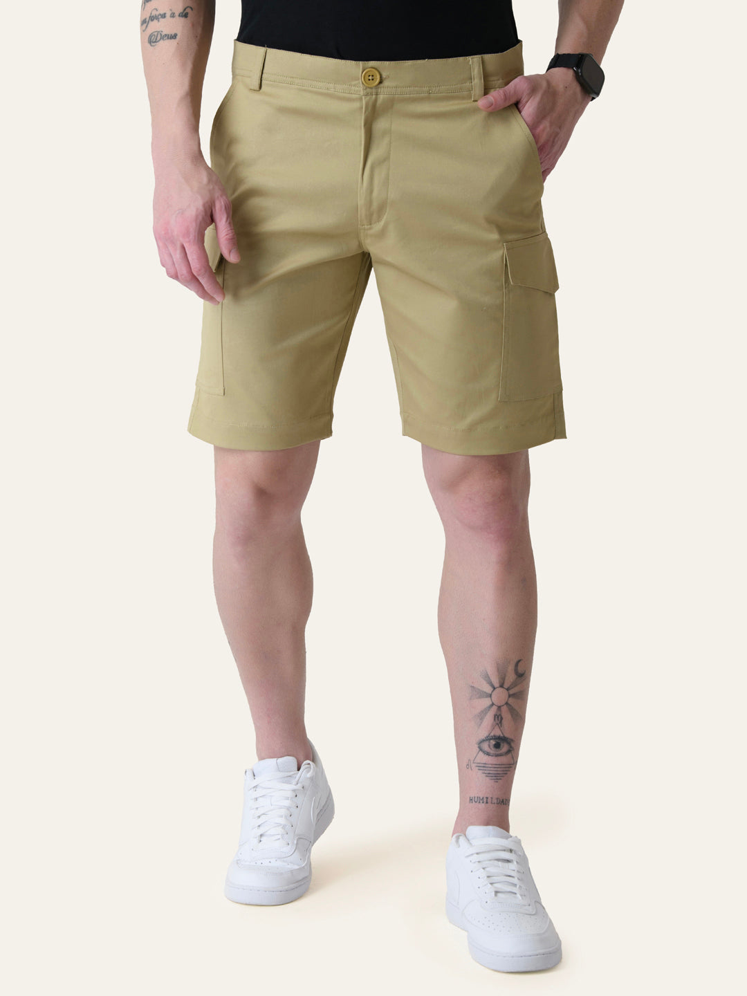Twill Cotton Camel Brown Solid Shorts