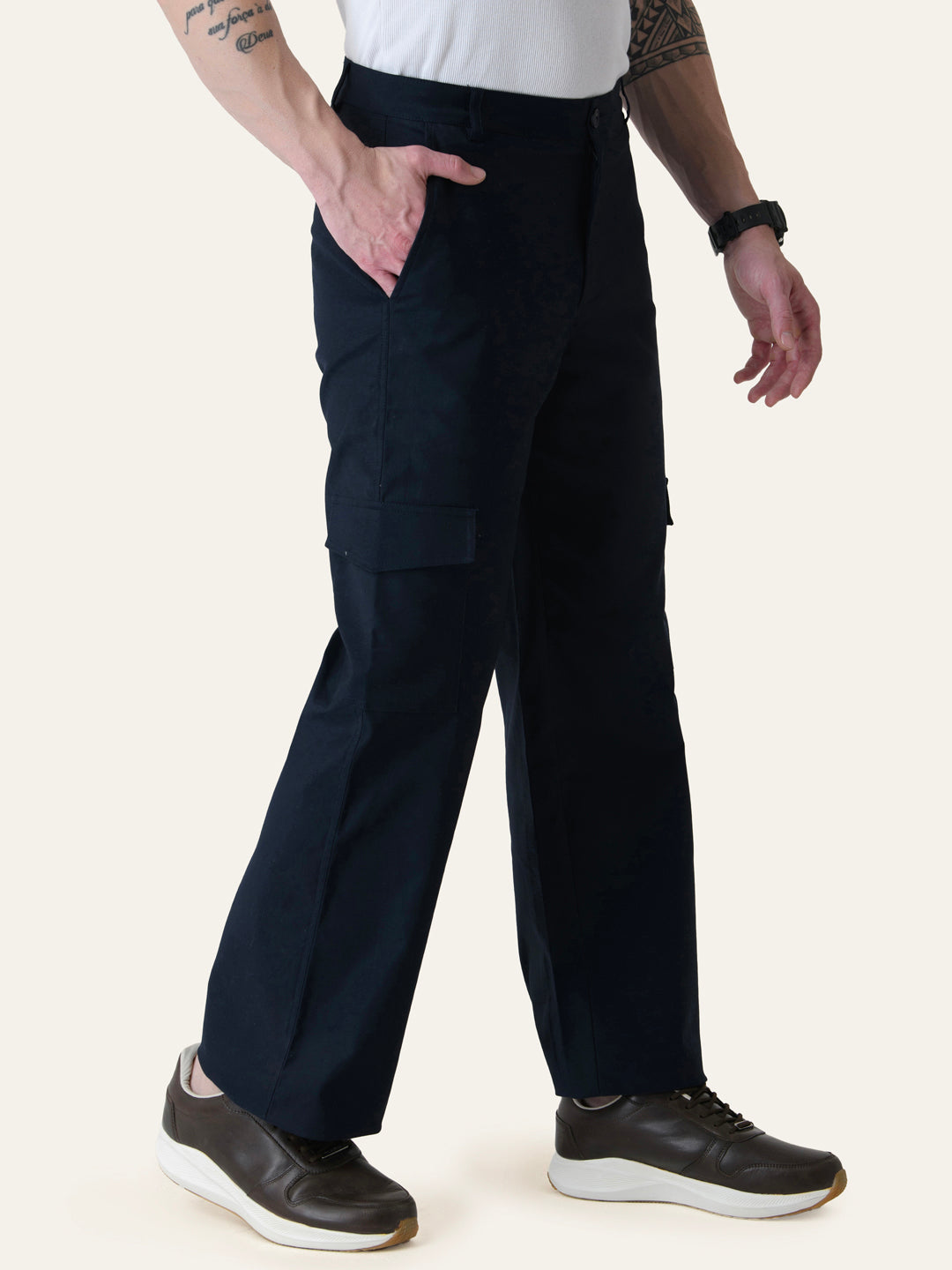 Navy Blue Solid Cargo Pants