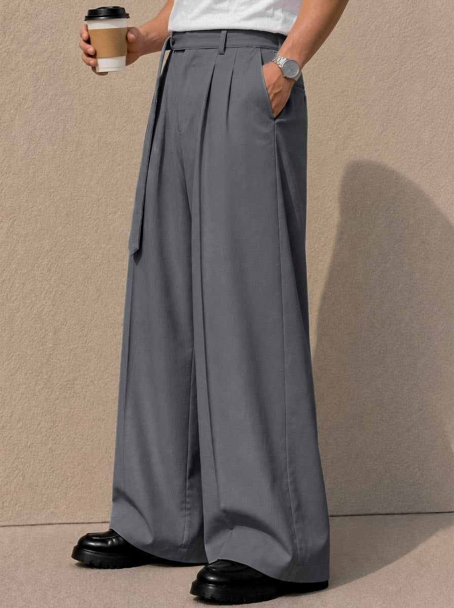 Steel Grey Solid Wide Leg Fit Belted Korean Pant