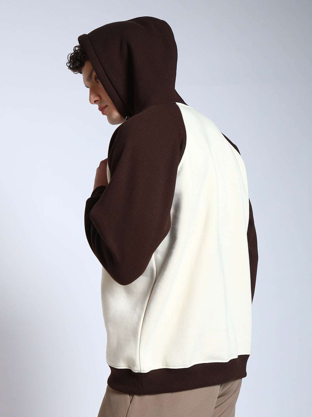 Brown Colour Blocked Regular Fit Hoodie Sweatshirt