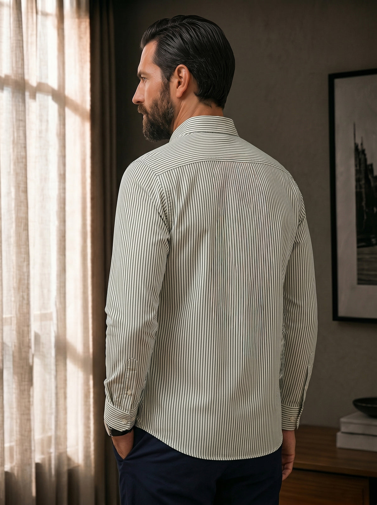 Bottle Green Striped Slim Fit Cotton Shirt