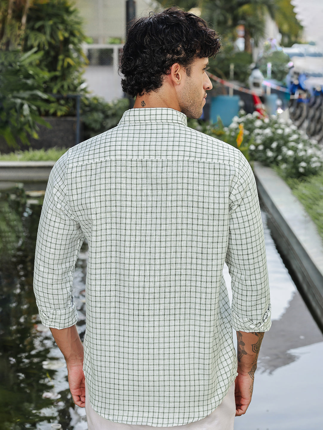 Green Checked Slim Fit Linen Shirt
