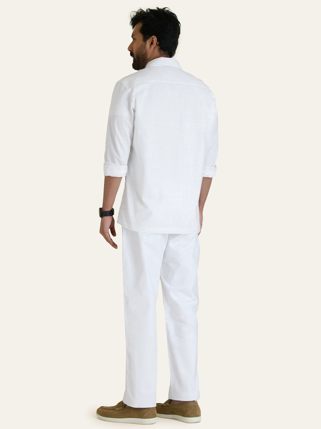 White Linen Solid Shirt Pants Co-ord Set.