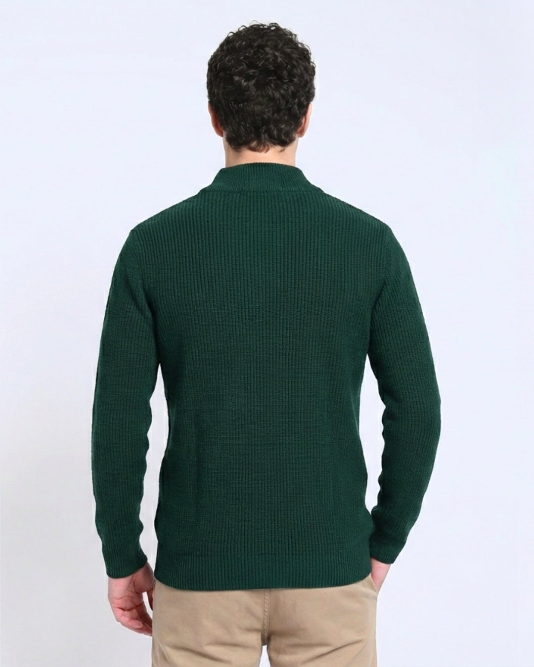 Green Solid Ribbed Zip-Top Lightweight Pullover-Sweater