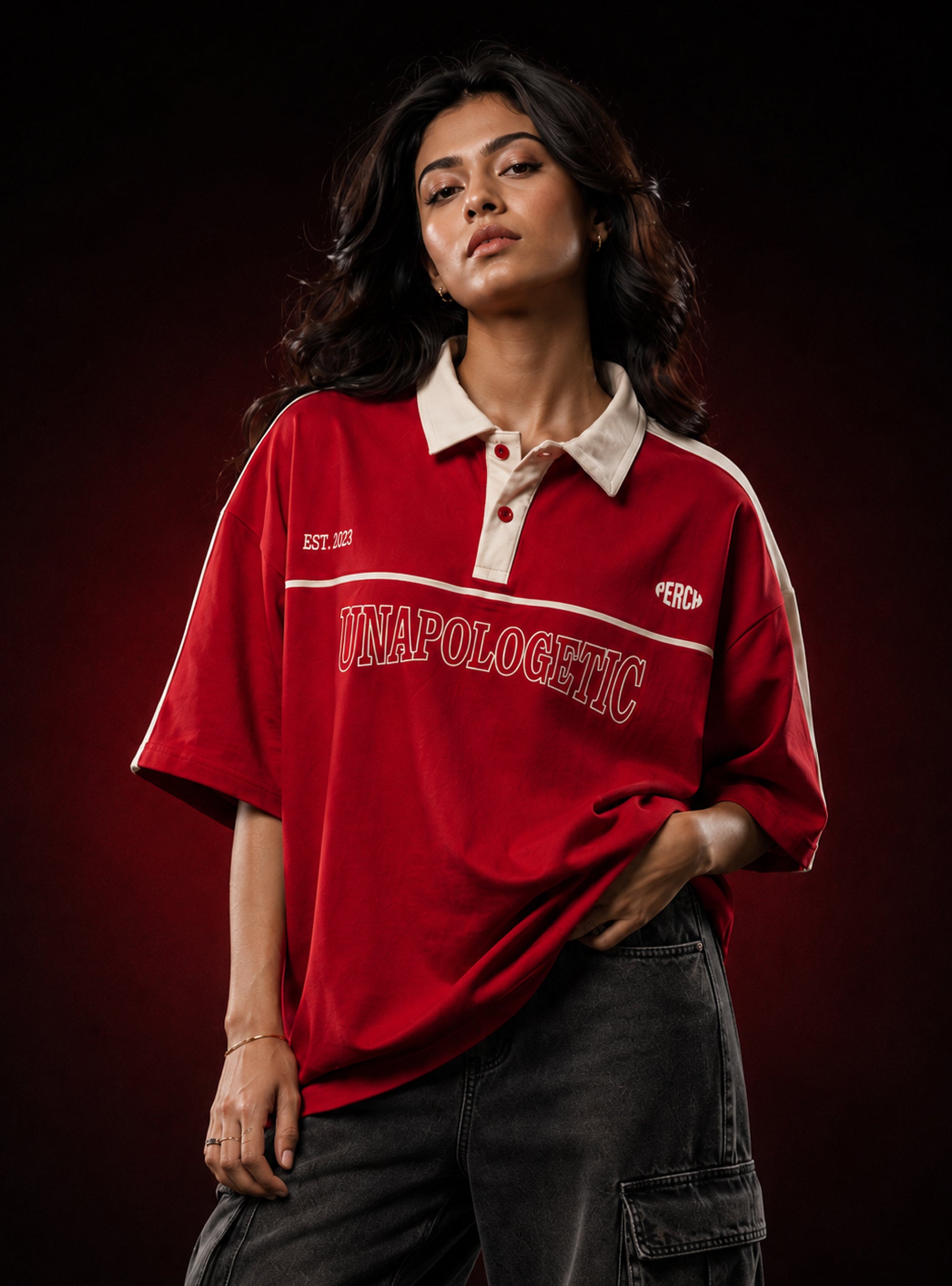 Red Unapologetic Cotton Oversized Polo Tshirt for Men & Women