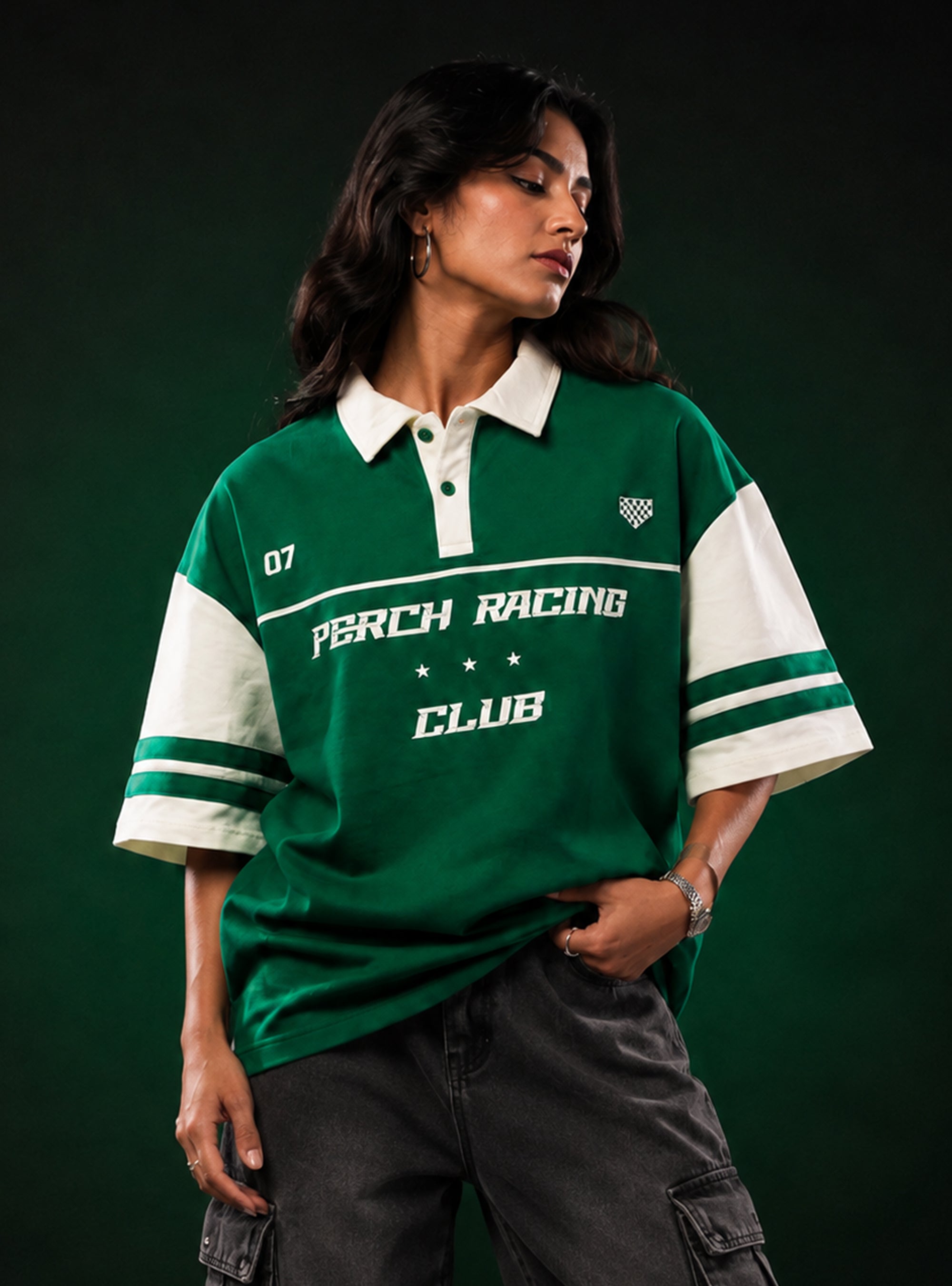 Forest Green Perch Racing Oversized Polo Tshirt