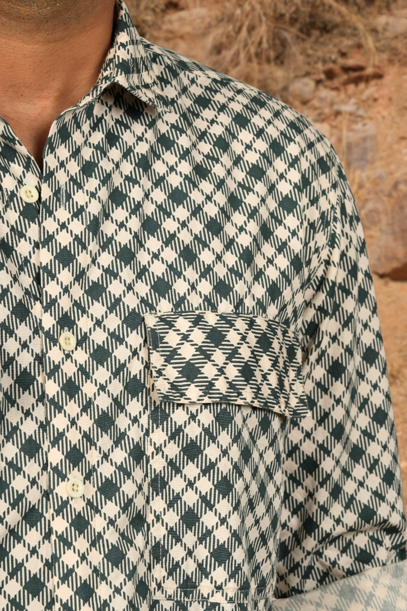 Cream & Green Checks Box Fit Shirt