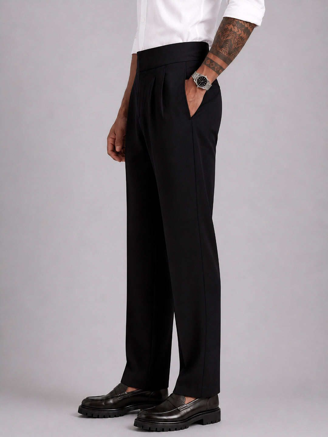Black Solid Straight Fit Single Buckle Gurkha Pant For Men