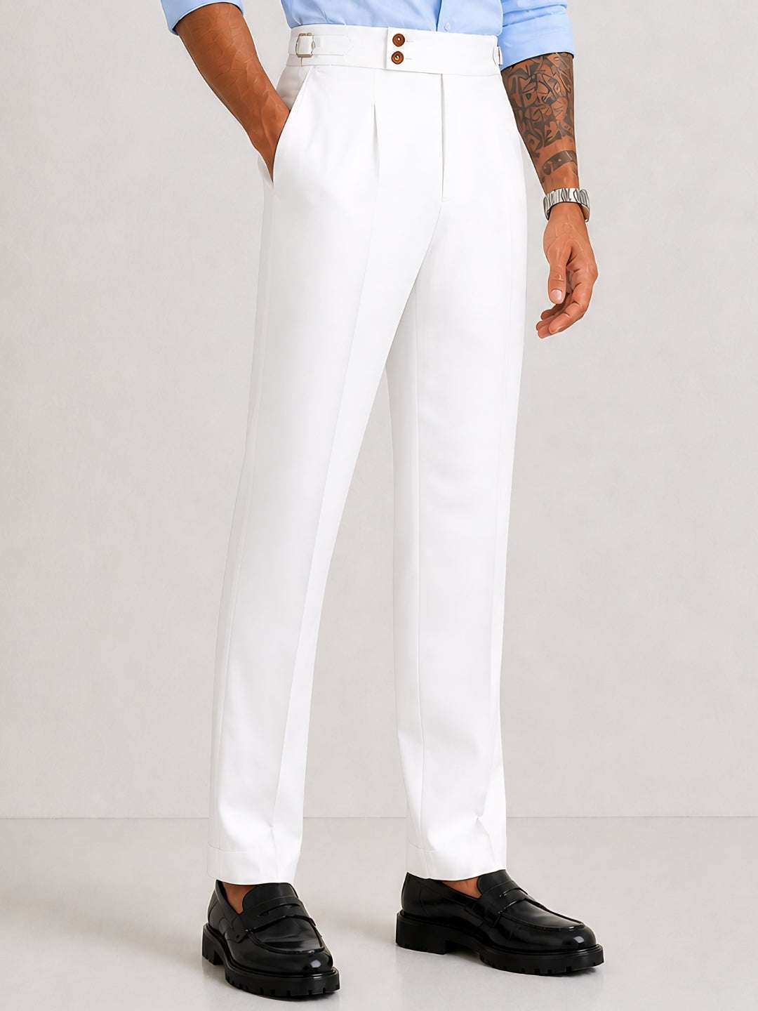 White Solid Straight Fit Double Buckle Gurkha Pant