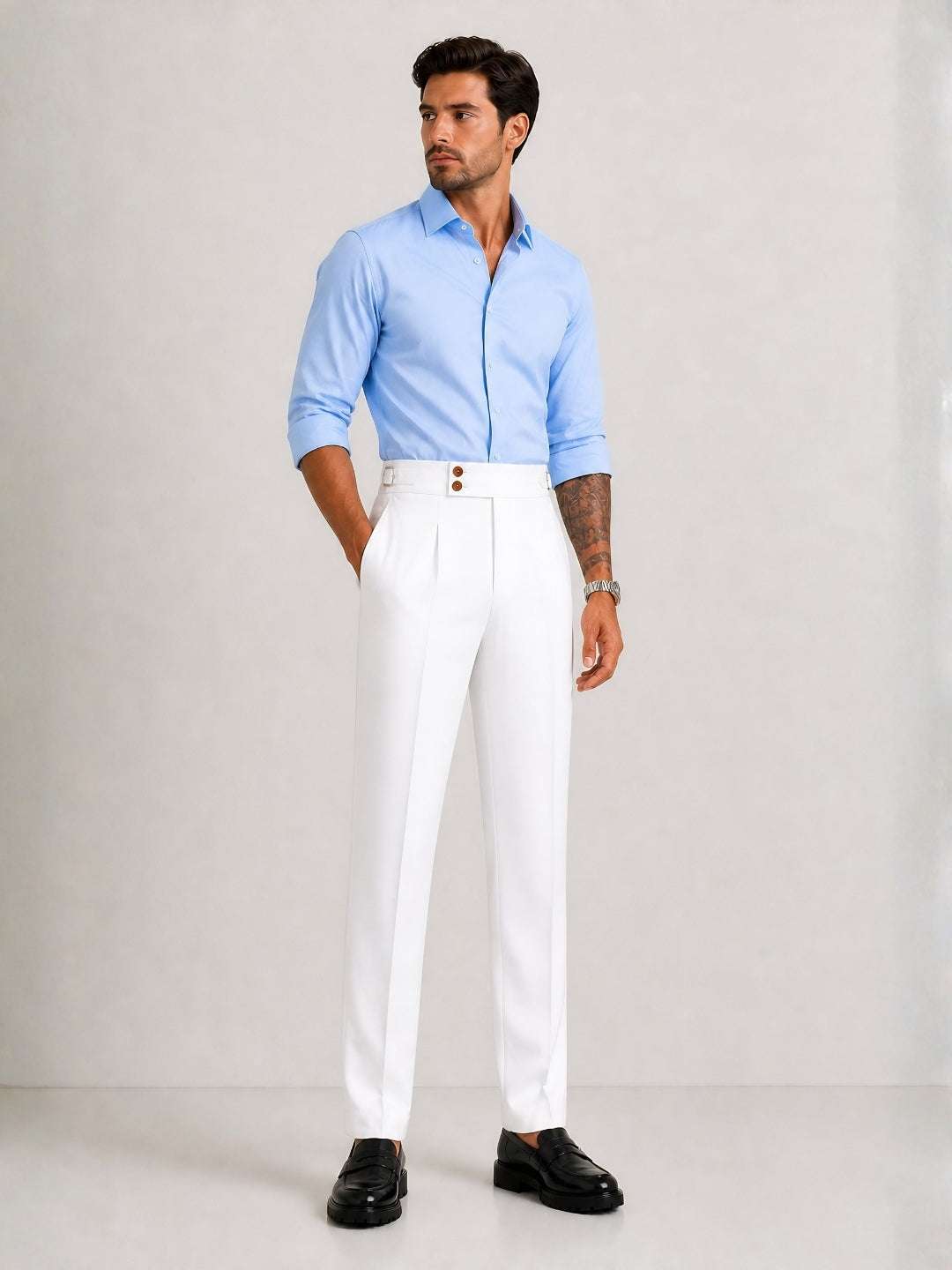 White Solid Straight Fit Double Buckle Gurkha Pant