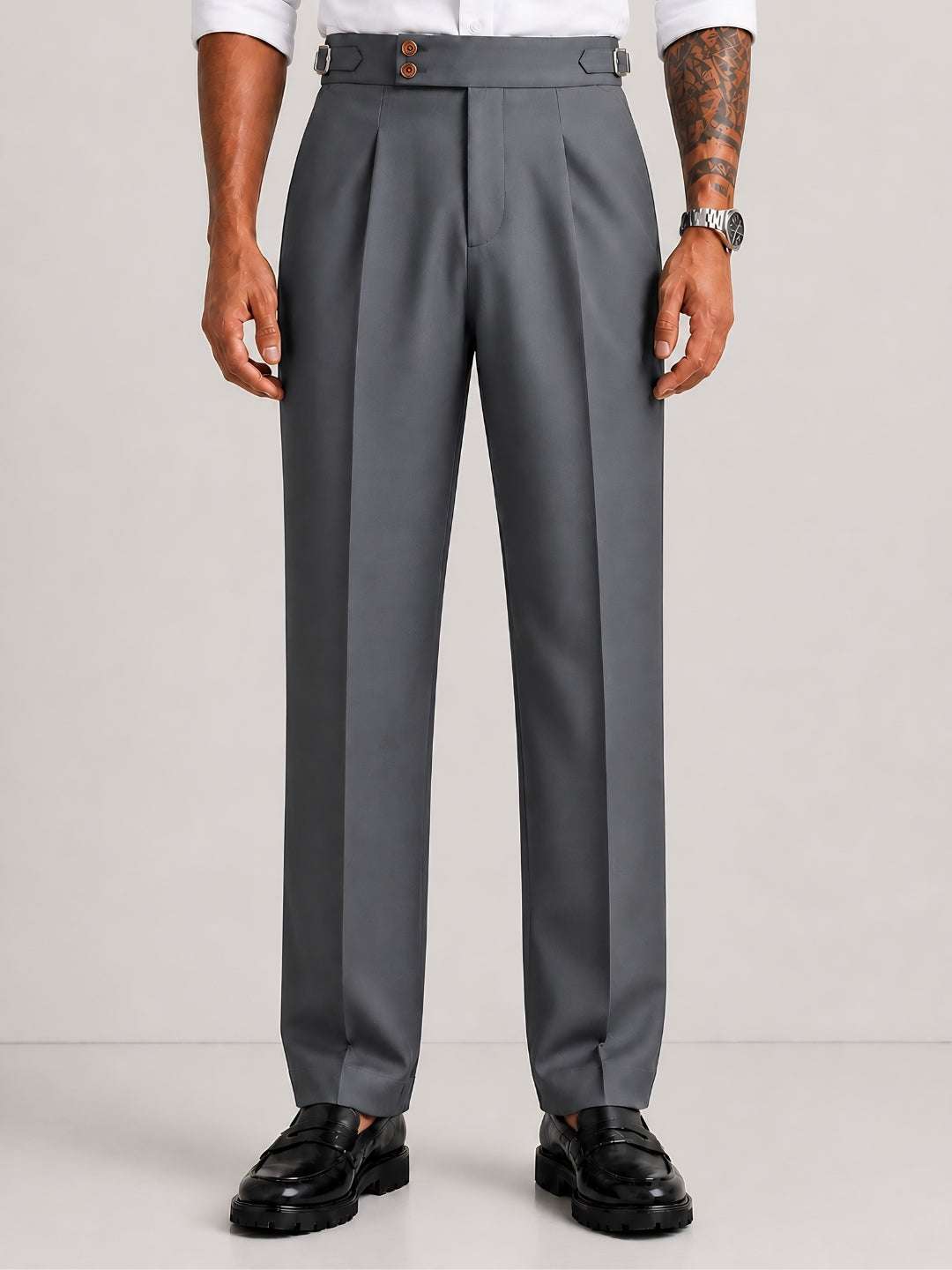 Steel Grey Solid Straight Fit Double Buckle Gurkha Pant
