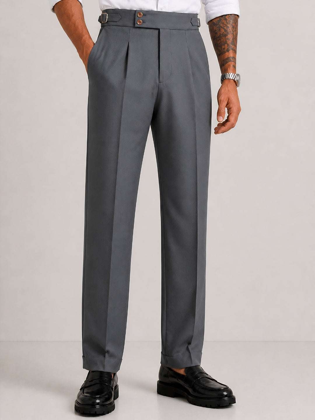 Steel Grey Solid Straight Fit Double Buckle Gurkha Pant