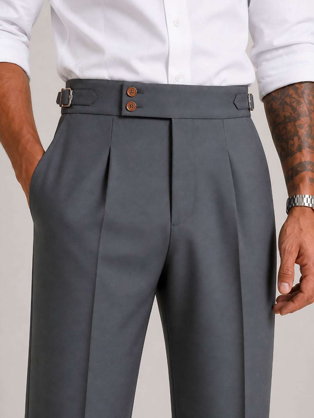 Steel Grey Solid Straight Fit Double Buckle Gurkha Pant