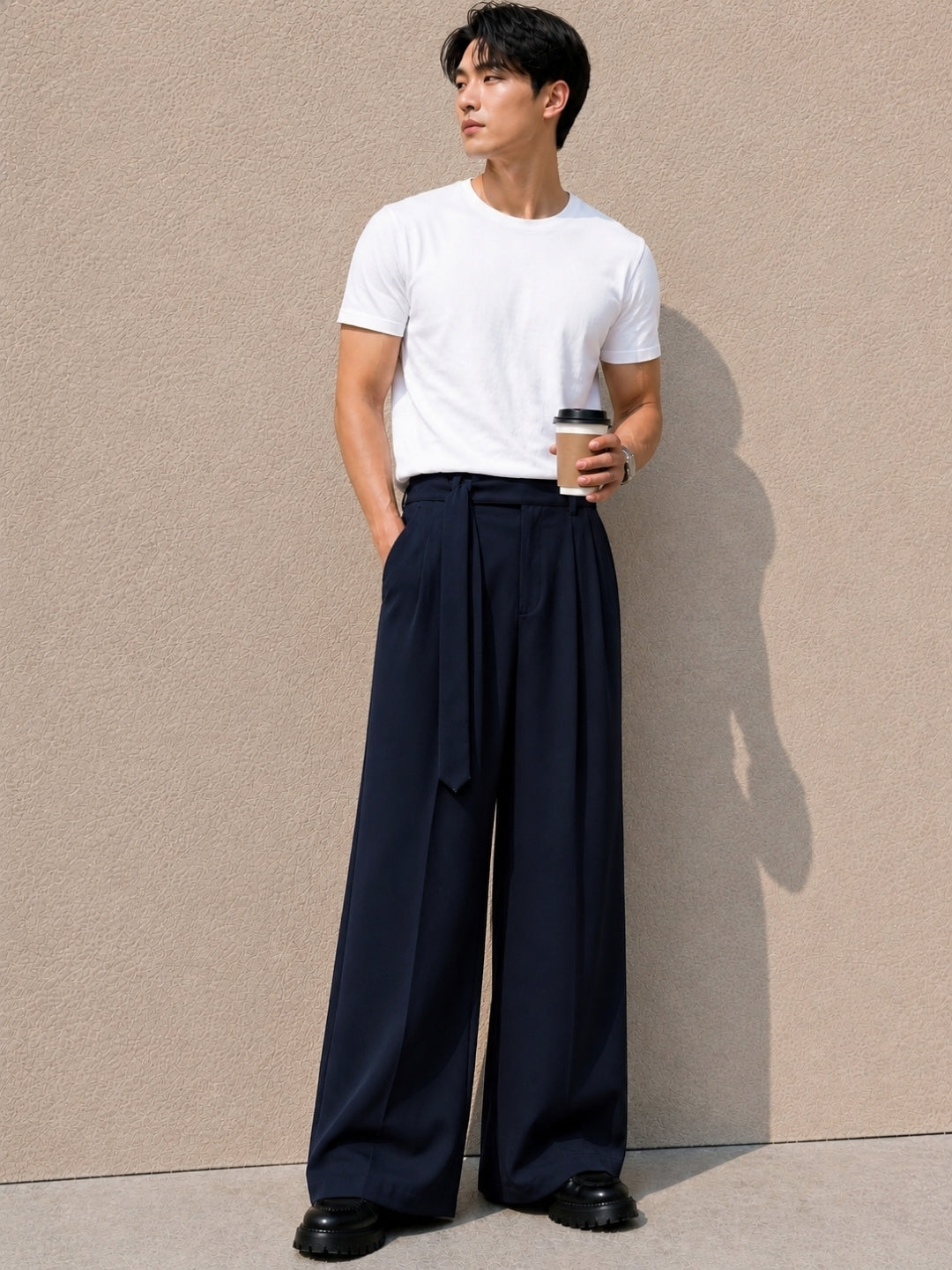 Navy Blue Solid Wide Leg Fit Belted Korean Pant