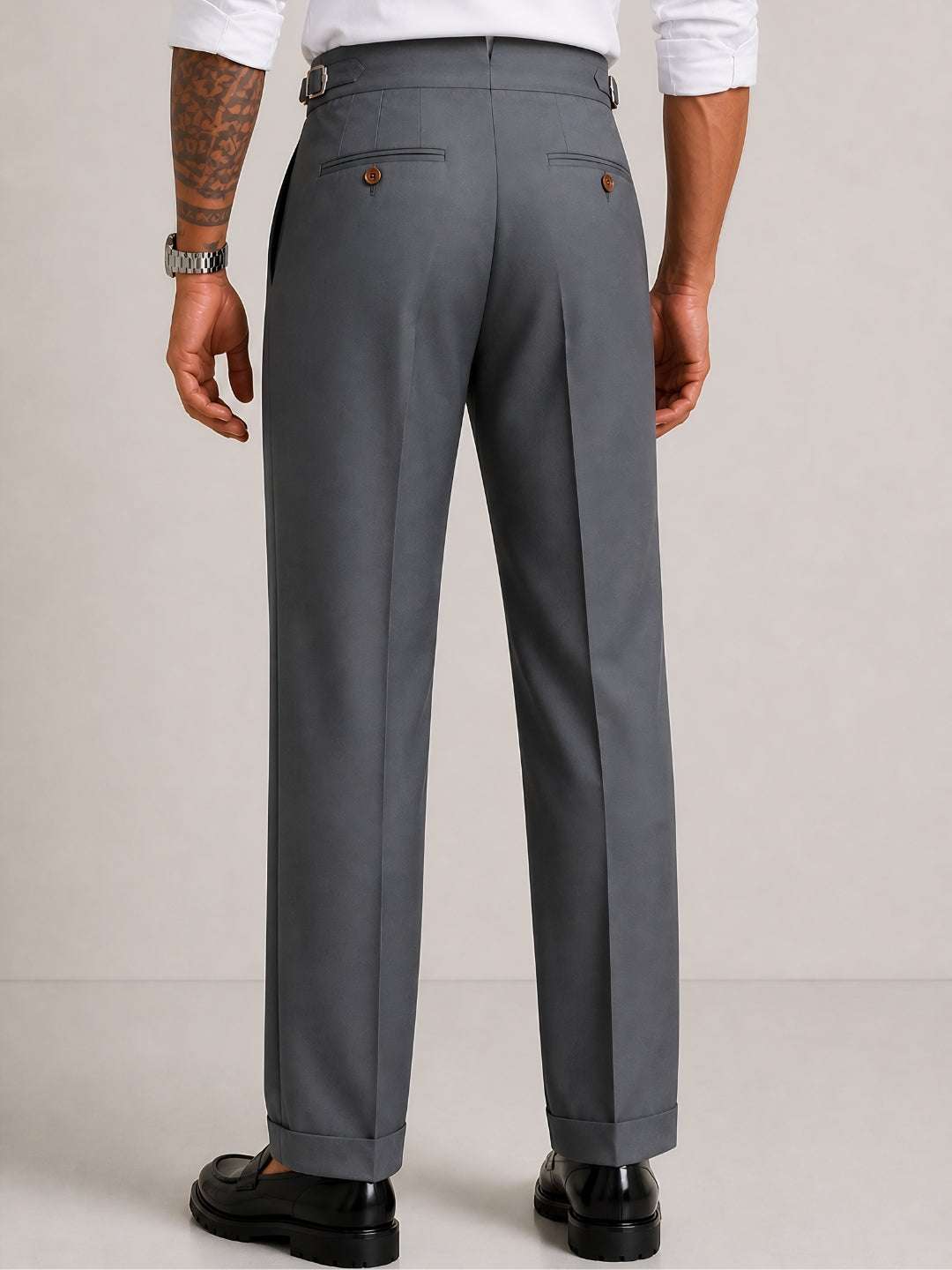 Steel Grey Solid Straight Fit Double Buckle Gurkha Pant