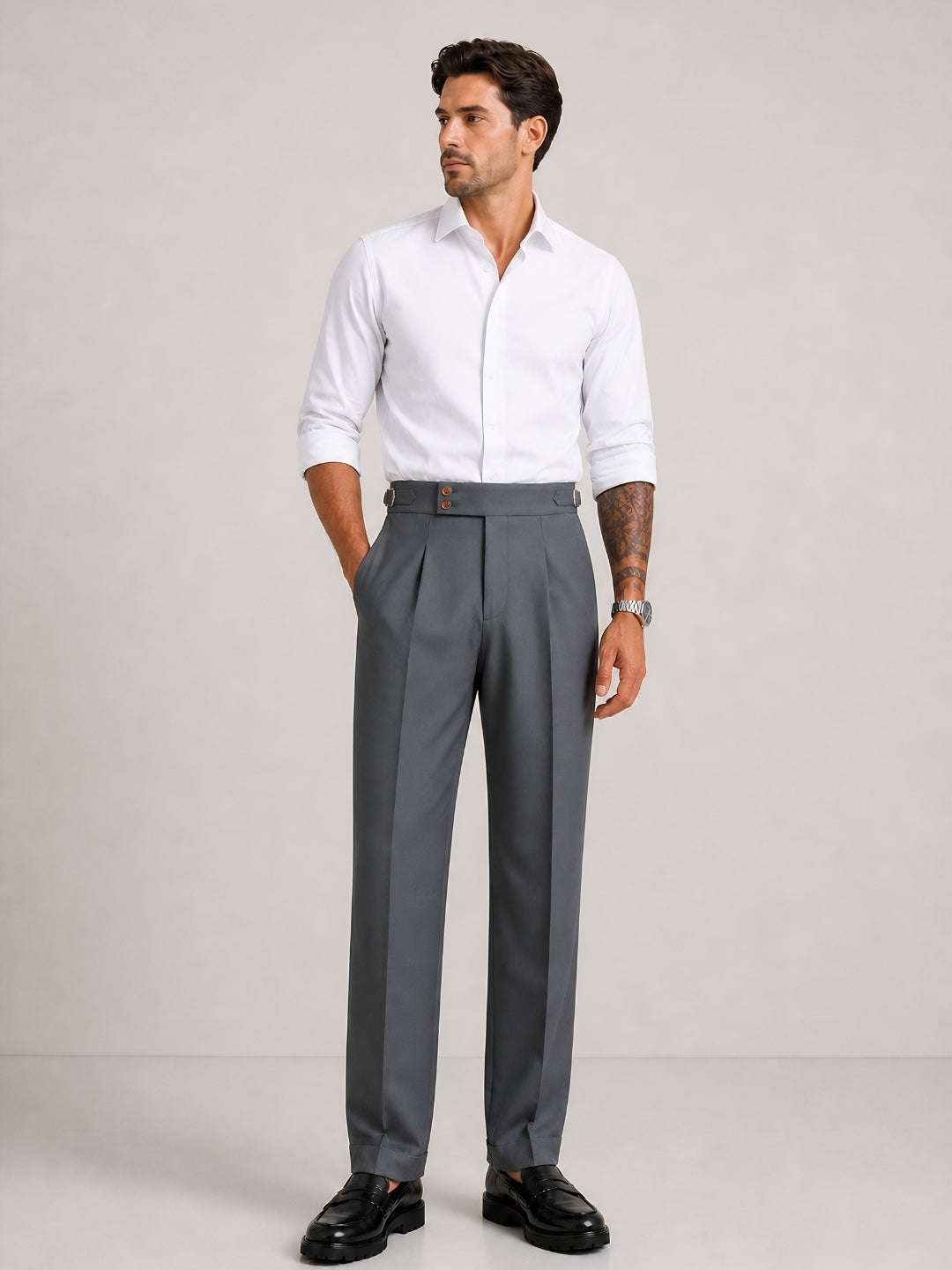 Steel Grey Solid Straight Fit Double Buckle Gurkha Pant