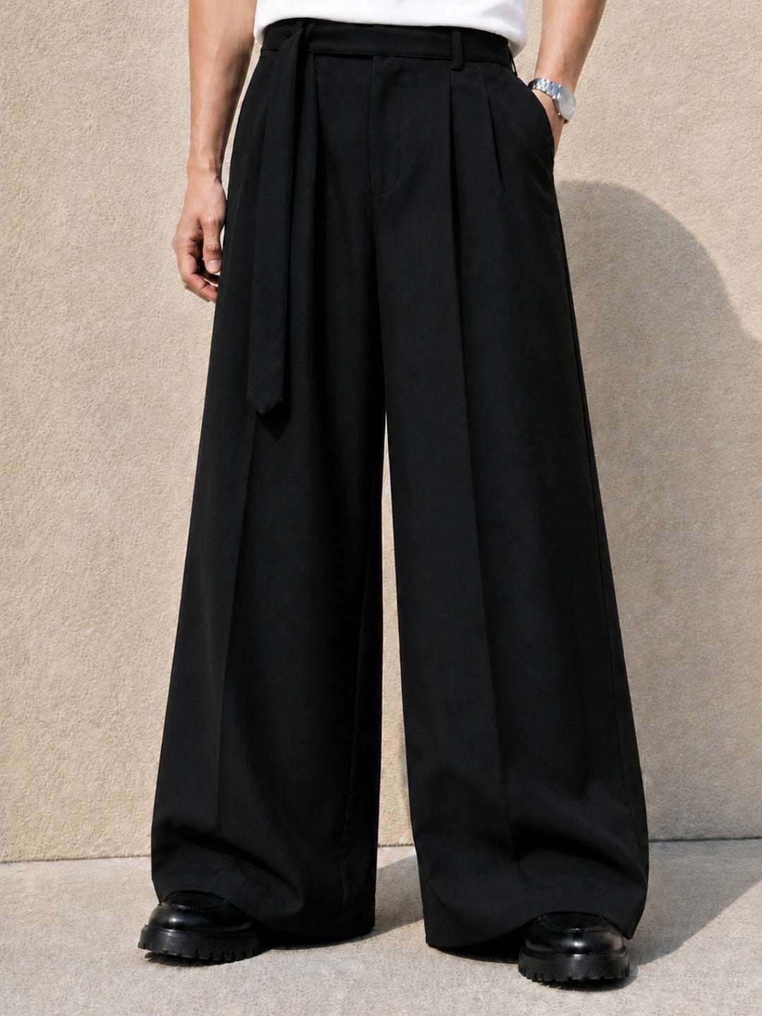 Black Solid Wide Leg Fit Belted Korean Pant