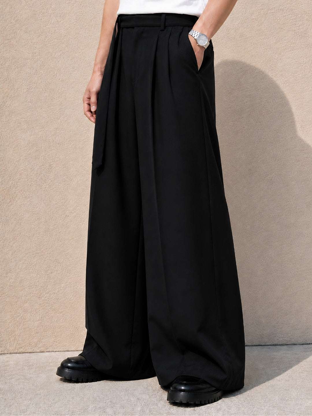 Black Solid Wide Leg Fit Belted Korean Pant
