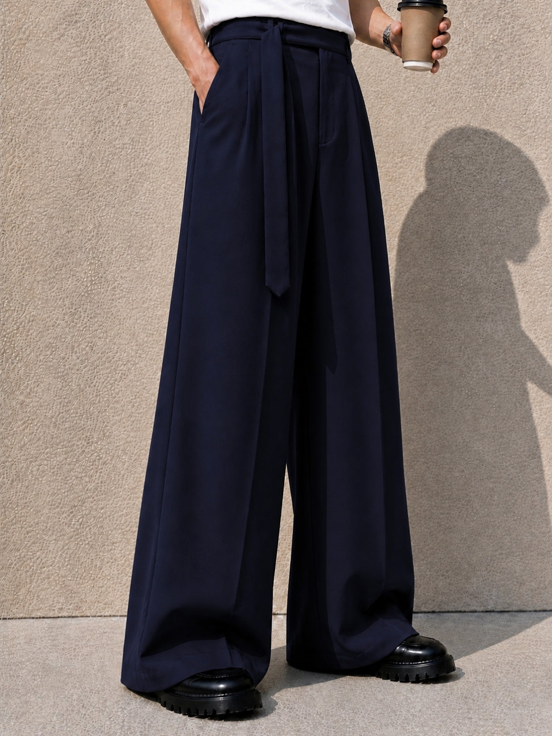 Navy Blue Solid Wide Leg Fit Belted Korean Pant