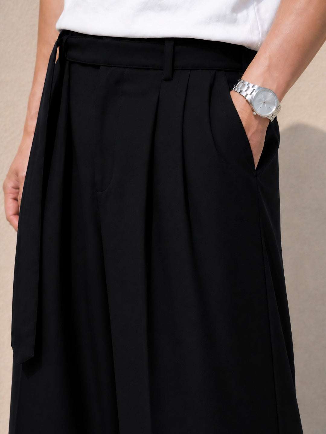 Black Solid Wide Leg Fit Belted Korean Pant