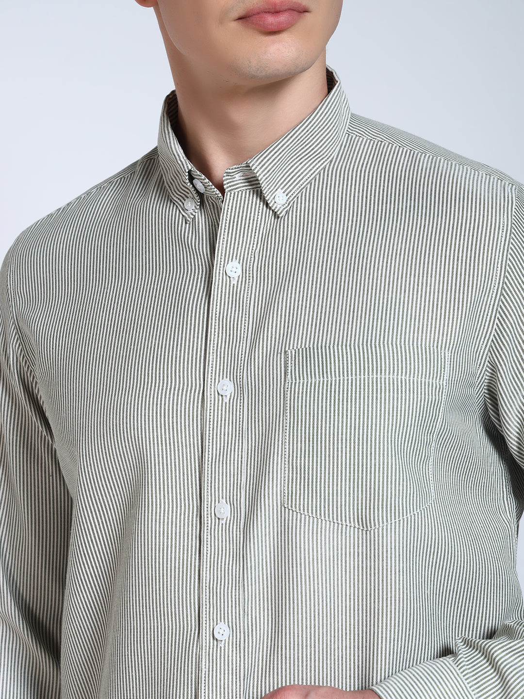 Pista Green Striped Slim Fit Cotton Shirt