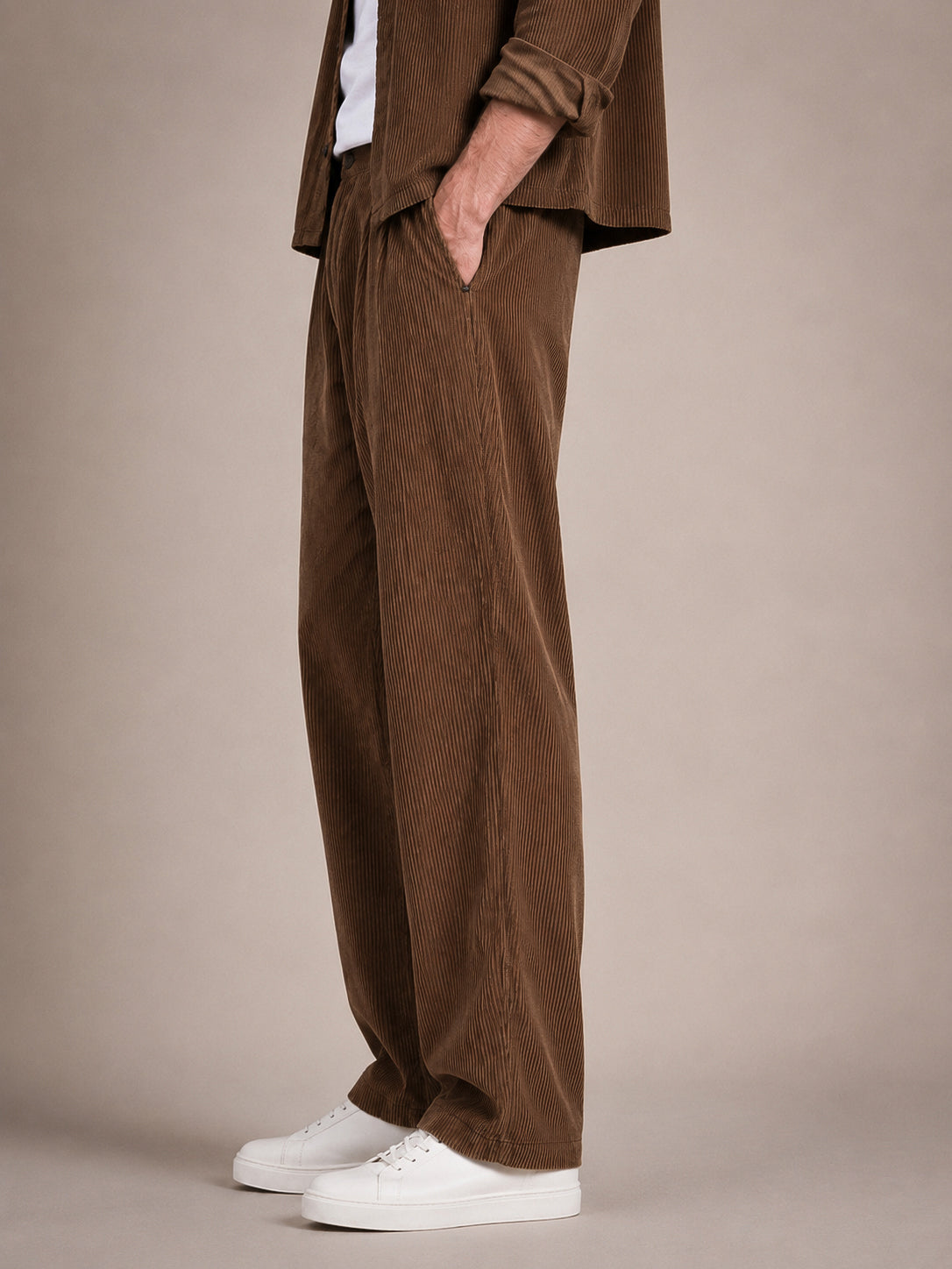 Brown Corduroy Regular Fit Pleated Trouser