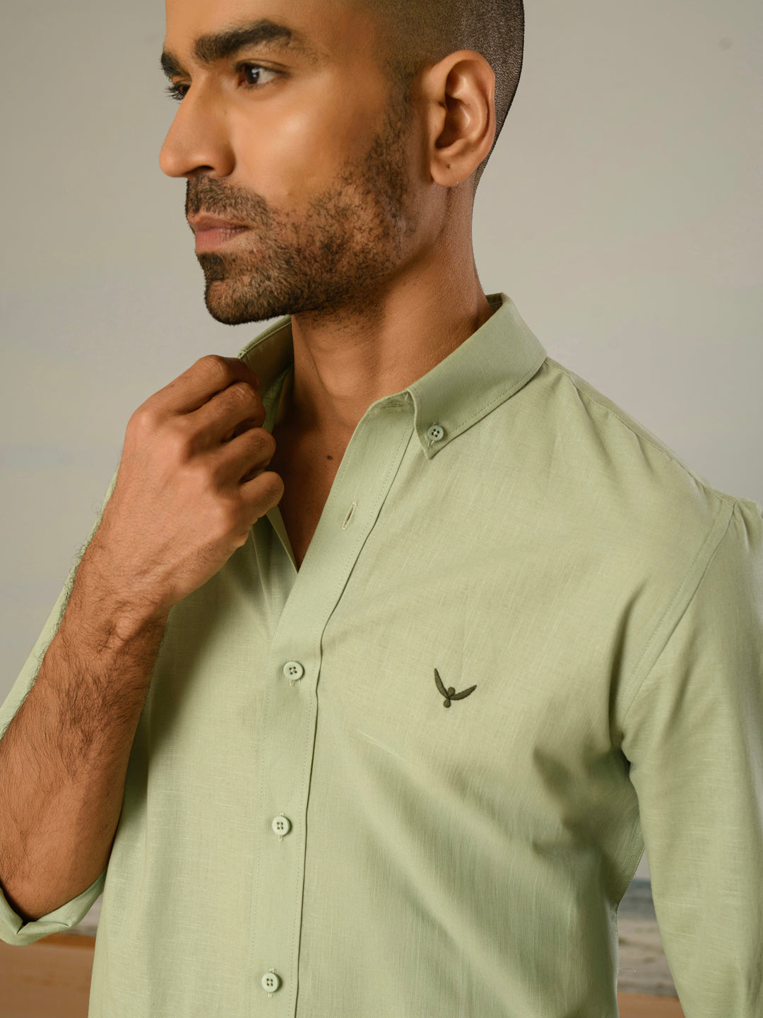Pista Green Solid Slim Fit Linen Cotton Shirt