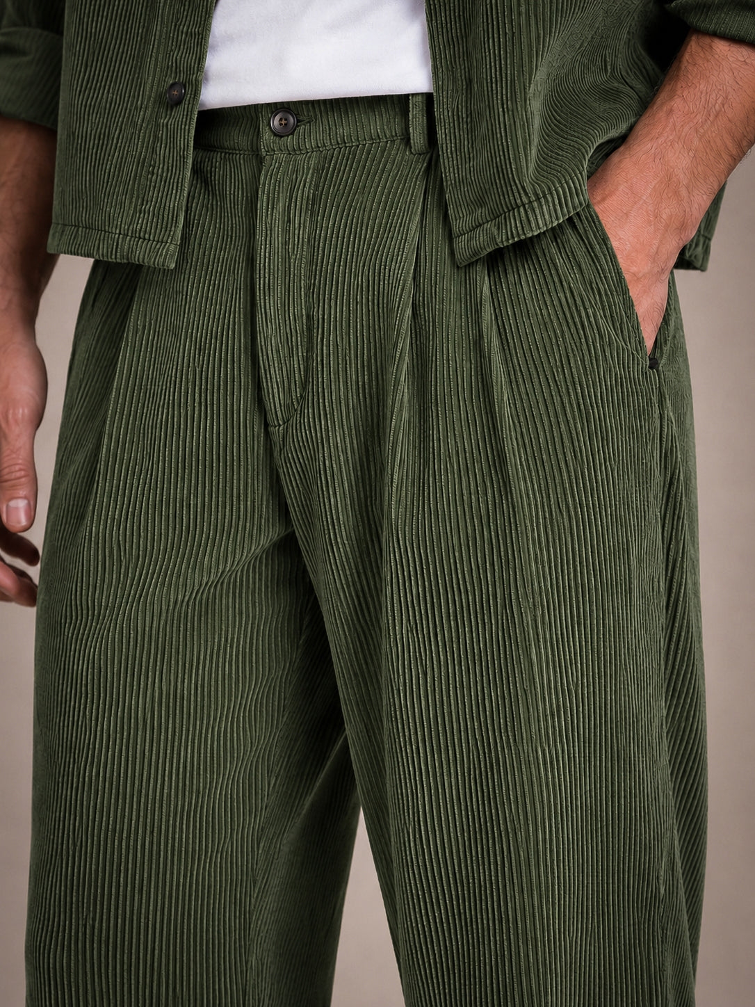 Olive Green Corduroy Regular Fit Pleated Trouser