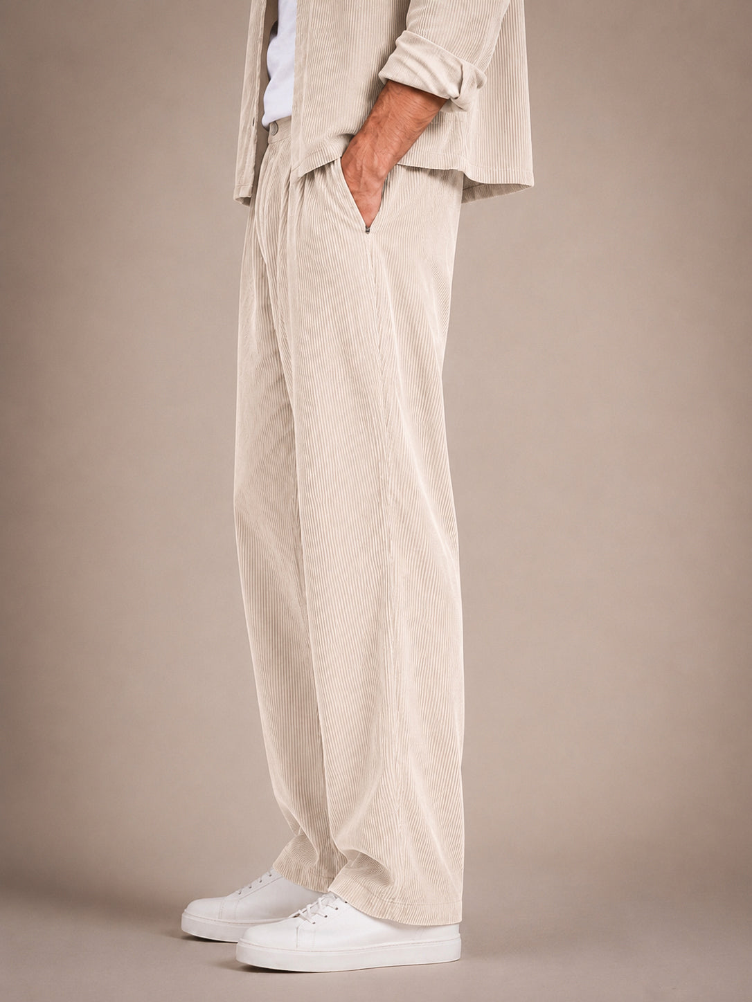 Beige Corduroy Regular Fit Pleated Trouser
