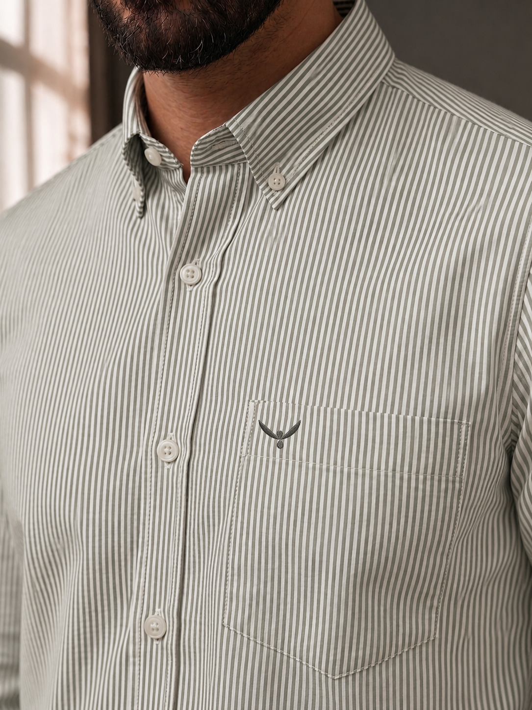Bottle Green Striped Slim Fit Cotton Shirt