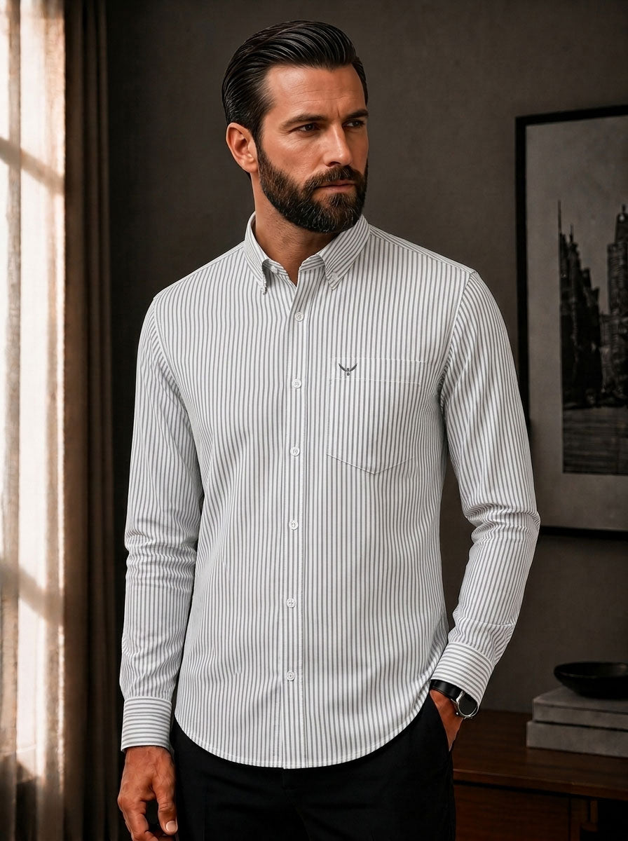 Grey Striped Slim Fit Cotton Shirt