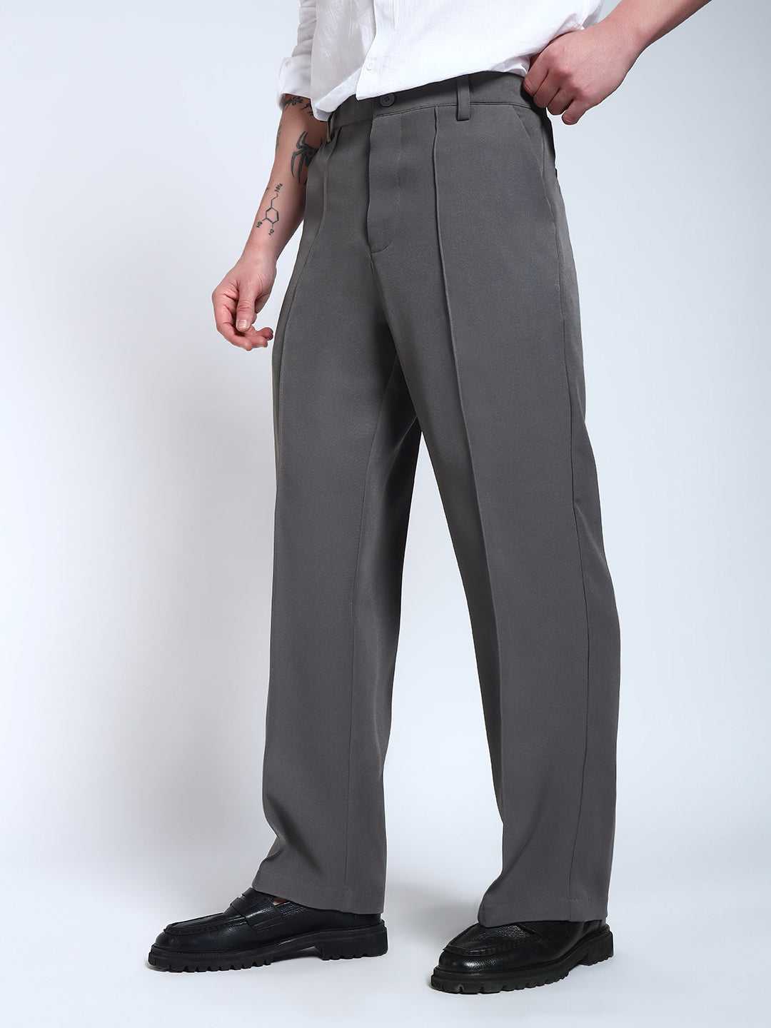 Steel Grey Solid Pintuck Korean Pants