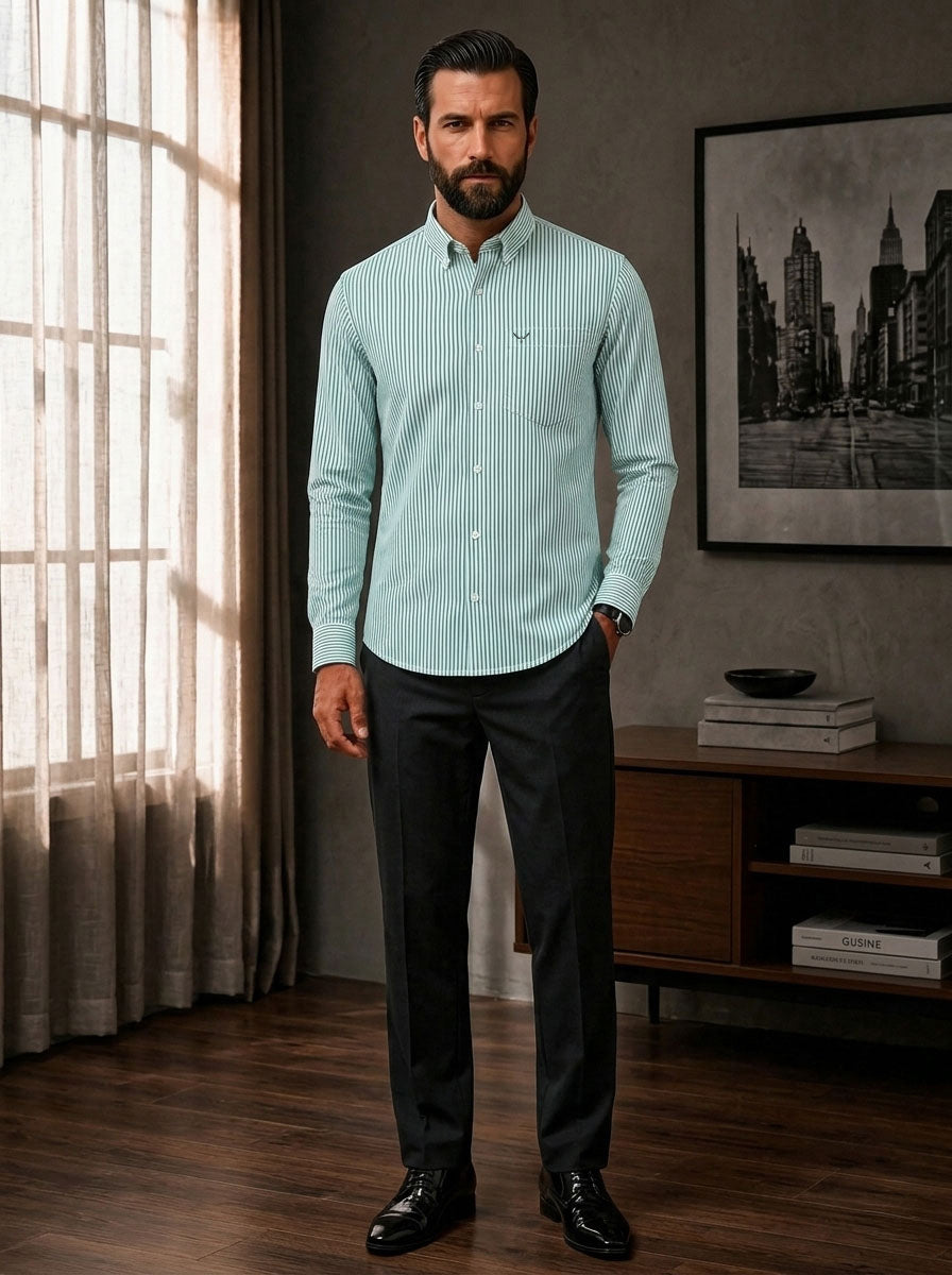 Aqua Green Striped Slim Fit Cotton Shirt