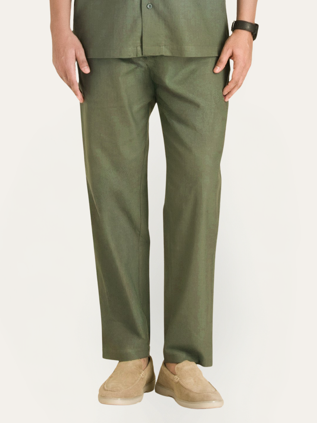 Olive Green Linen Solid Shirt Pants Co-ord Set.