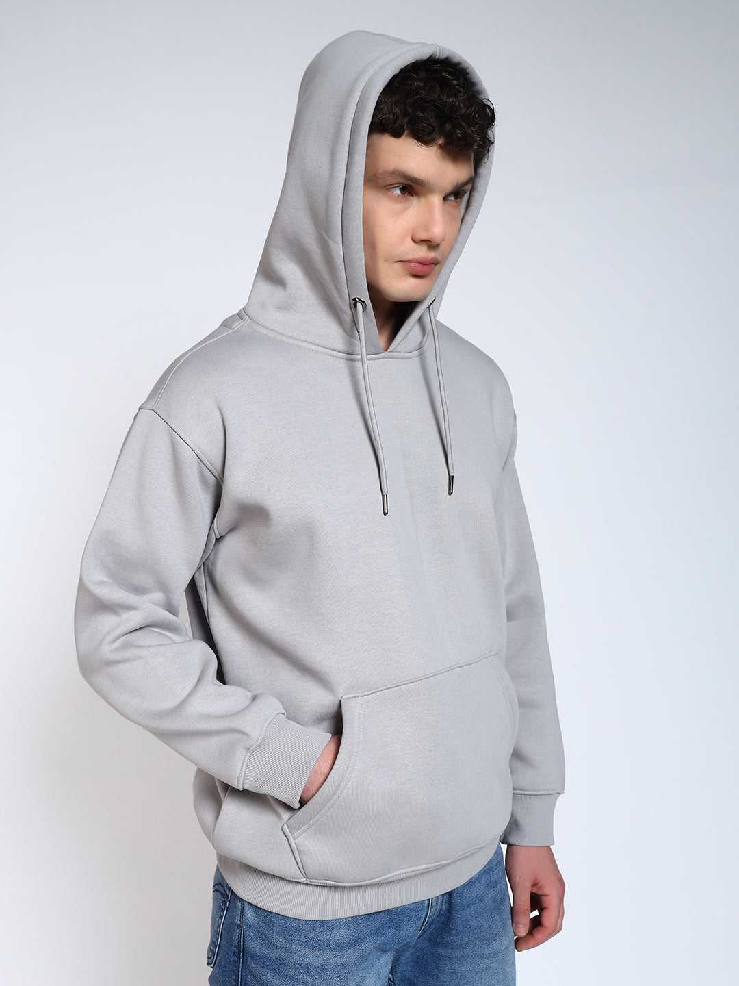 Grey Solid Regular Fit Hoodie Sweatshirt