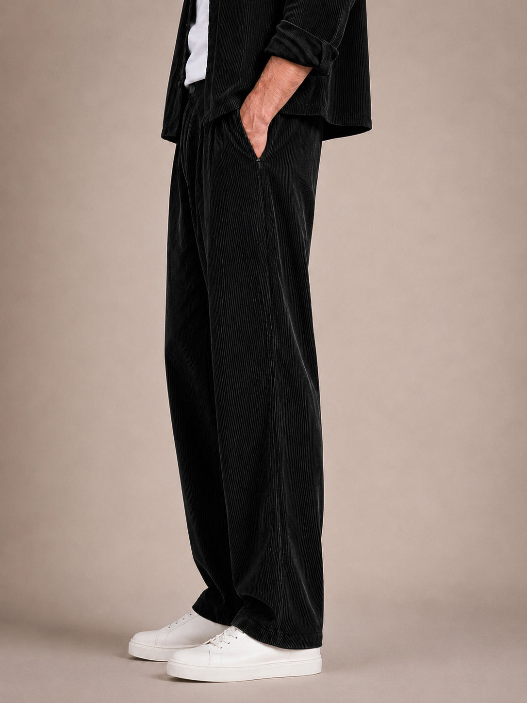 Black Corduroy Regular Fit Pleated Trouser