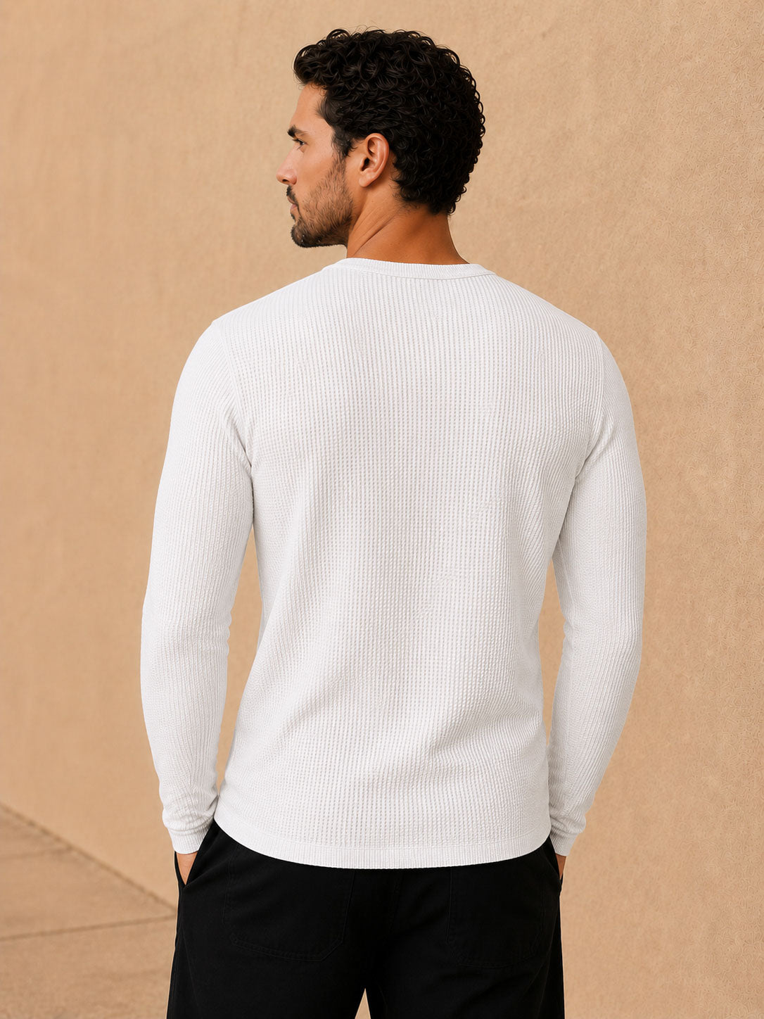 White Waffle Henley Full Sleeve T-Shirt