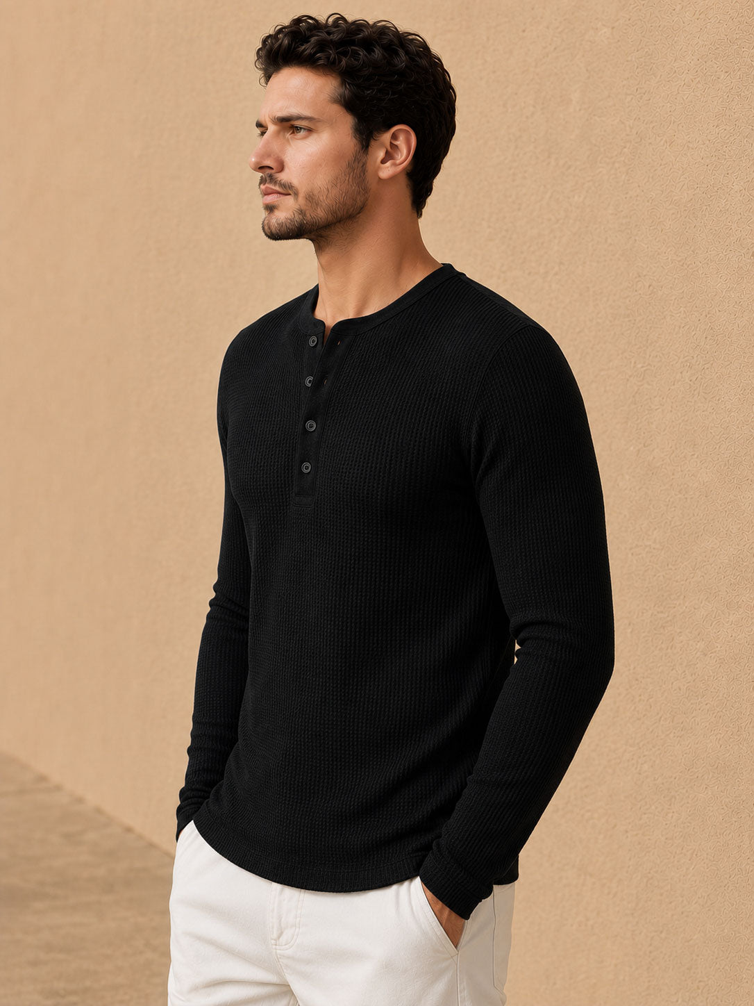 Black Waffle Henley Full Sleeve T-Shirt