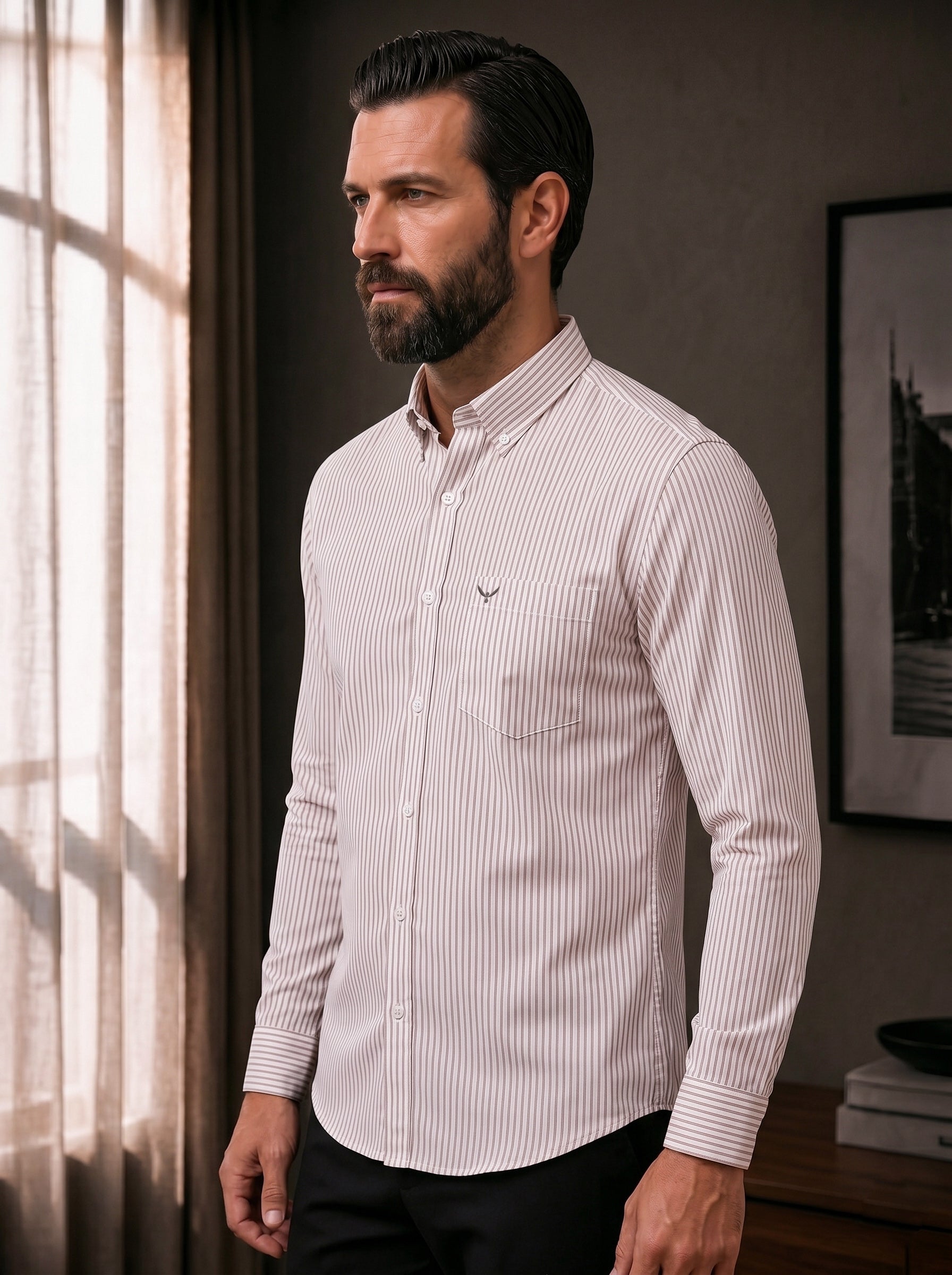 Brown Striped Slim Fit Cotton Shirt