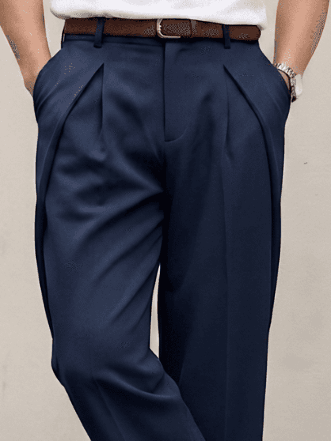 Navy Solid Loose Fit Overpleat Korean Pant