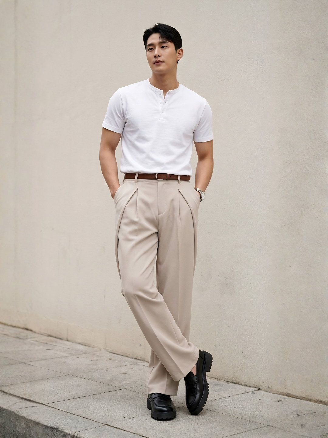 Cream Solid Loose Fit Overpleat Korean Pant