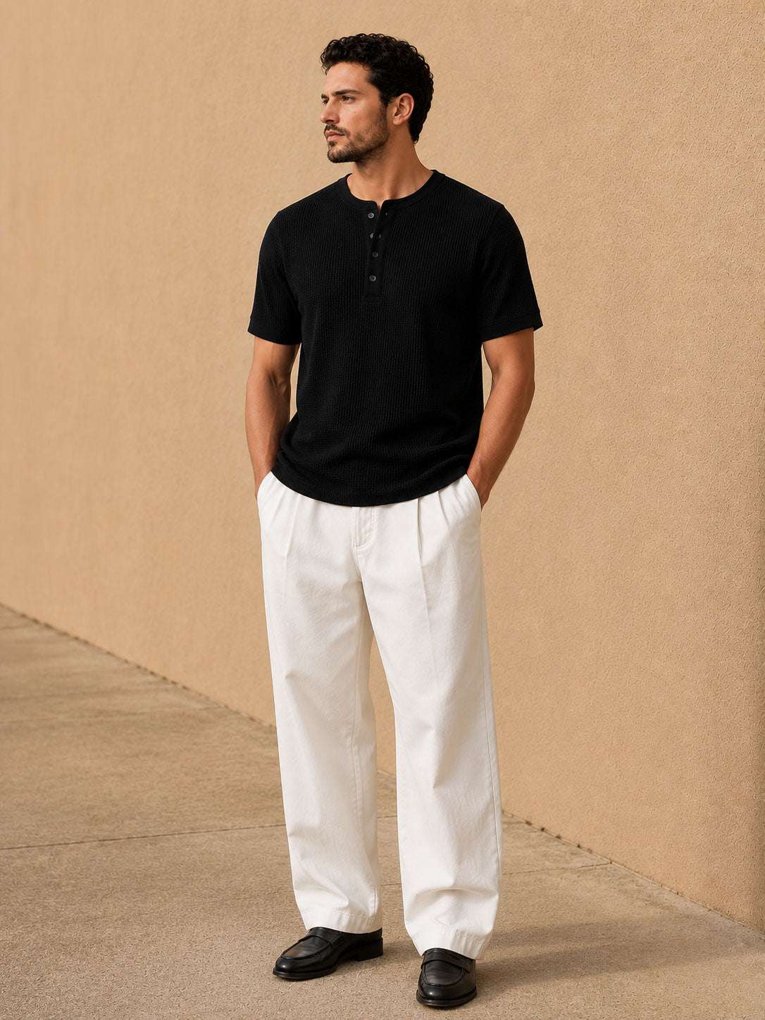 Black Waffle Henley Half Sleeve T-Shirt