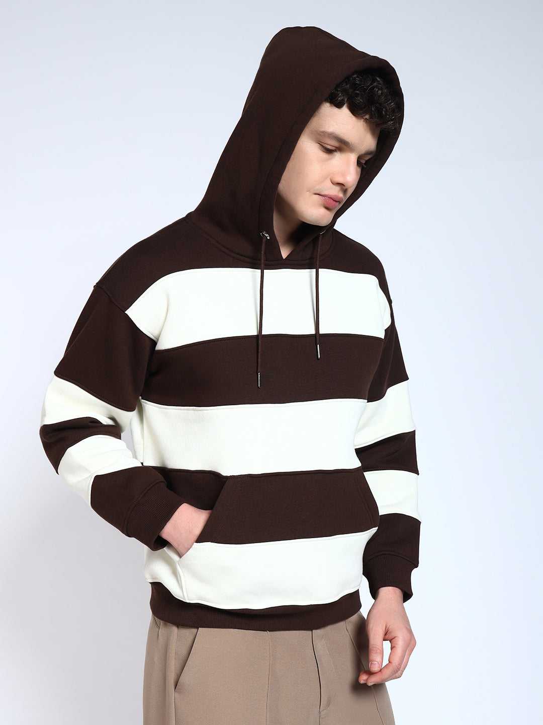 Brown Striped Regular Fit Hoodie Sweatshirt