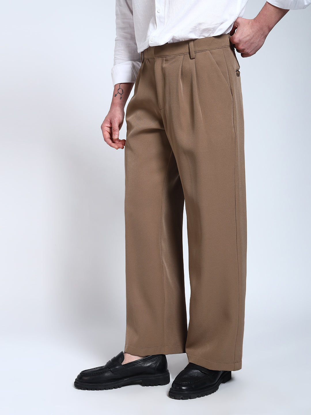 Light Brown Solid Pleated Korean Pants