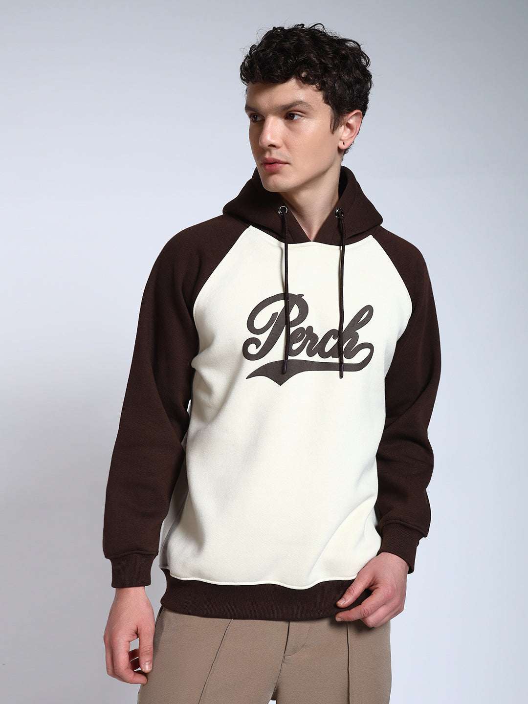 Brown Colour Blocked Regular Fit Hoodie Sweatshirt