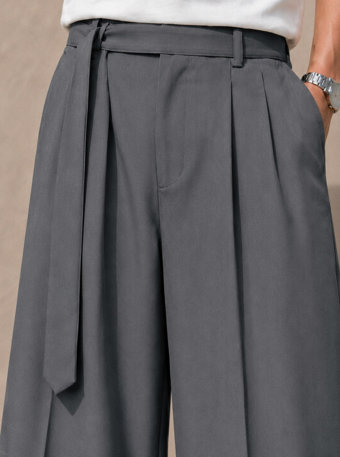 Steel Grey Solid Wide Leg Fit Belted Korean Pant