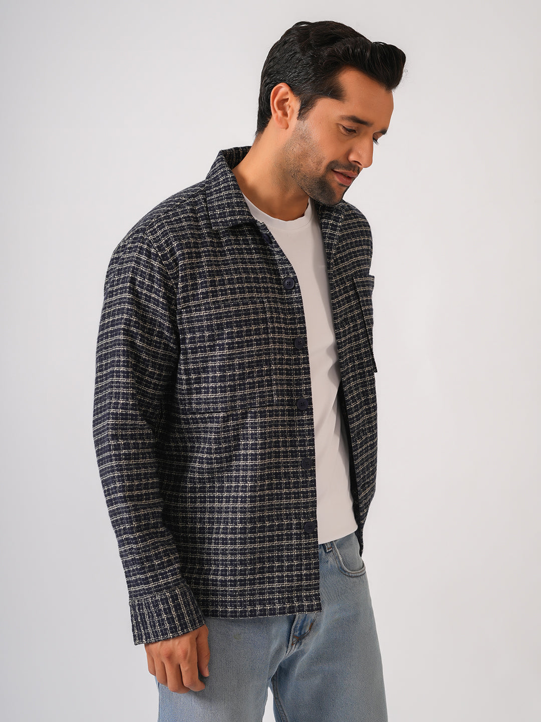 Navy Blue Checked Cotton Shacket Over-Shirt