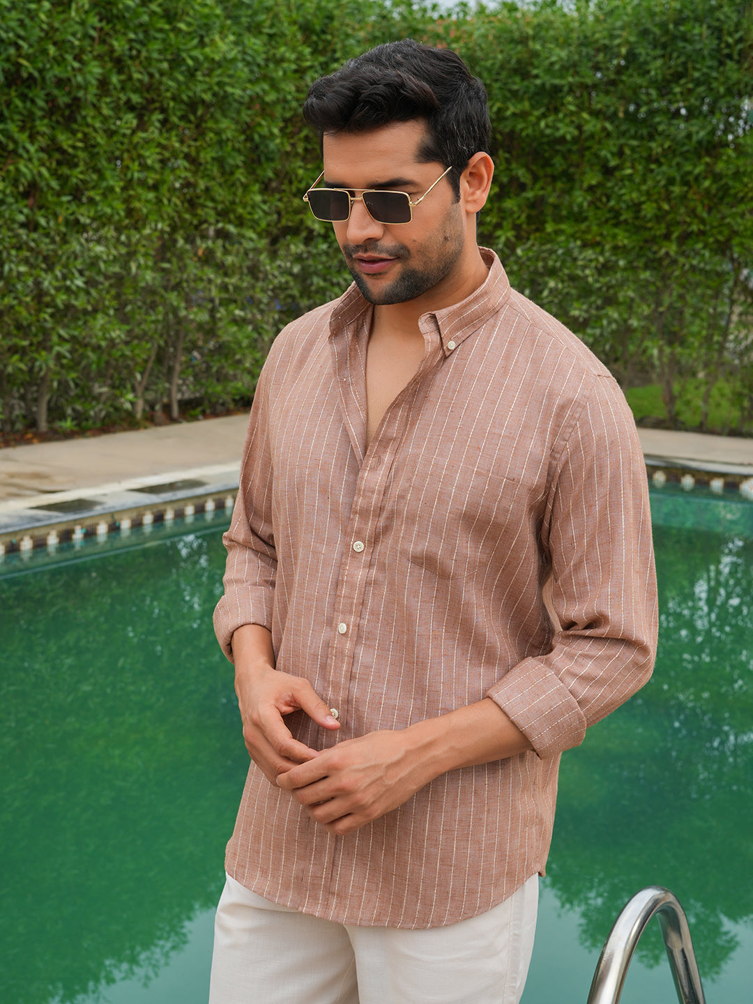 Rust and White Striped Slim Fit Linen Cotton Shirt