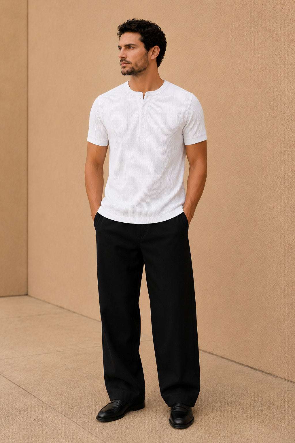 White Waffle Henley Half Sleeve T-Shirt